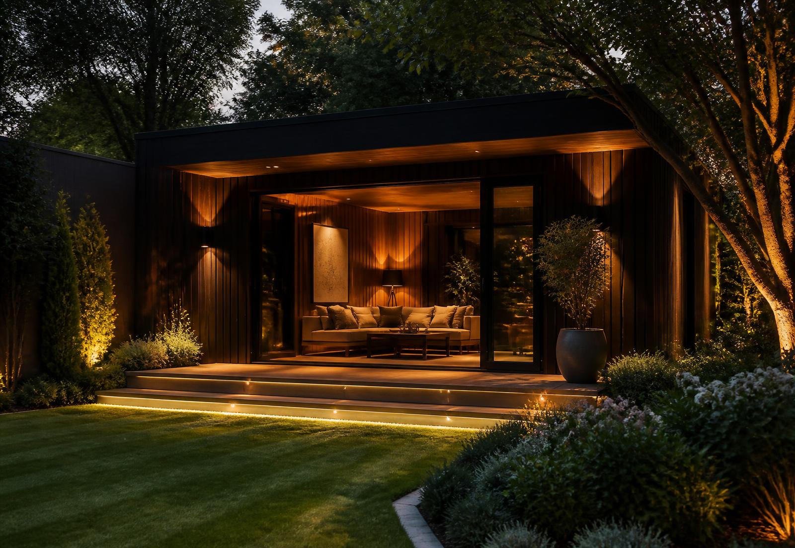 Houten tuinkamer bij een woonhuis in de avond